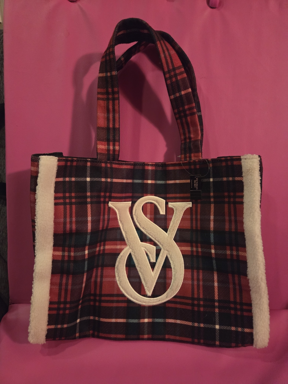 Victoria's Secret Red Plaid Tote with Cream Shearling Trim and Embroidered Logo